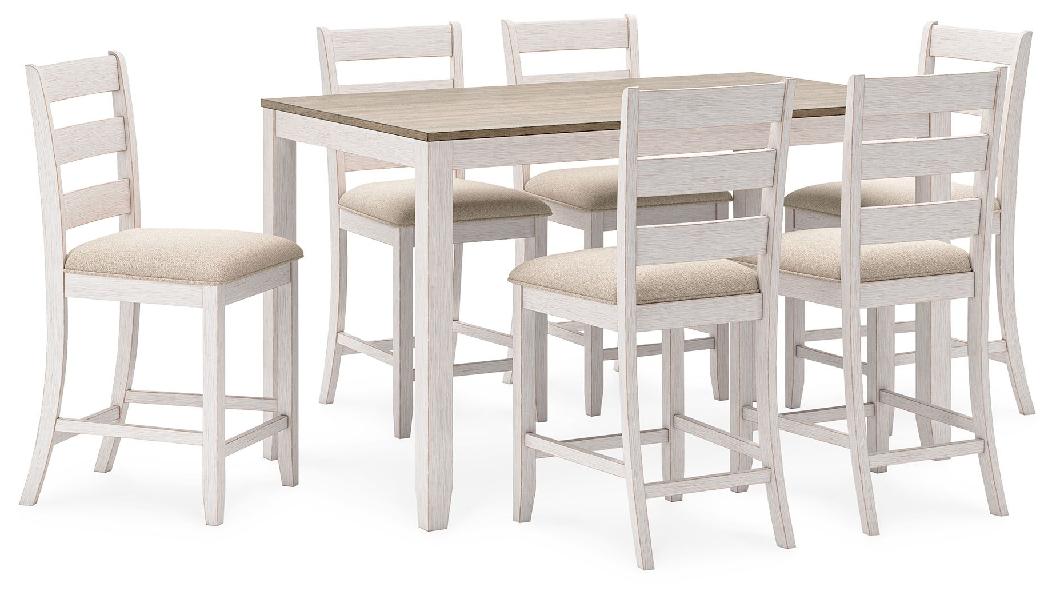 Image of Skempton - Counter Height Dining Table and Bar Stools (Set of 7) - White / Light Brown
