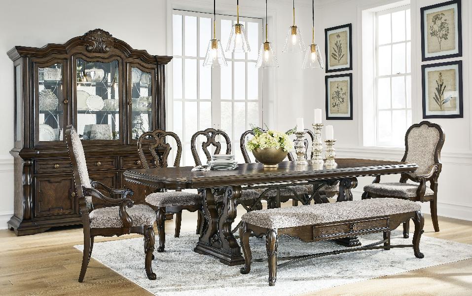 Image of Maylee - 11 Pc. - Dining Extension Table, 4 Side Chairs, 2 Arm Chairs, Storage Bench, Buffet And Hutch - Dark Brown