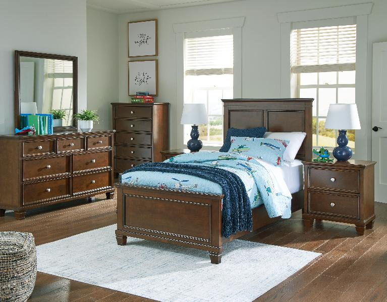 Image of Danabrin - 6 Pc. - Dresser, Mirror, Chest, Twin Panel Bed - Brown