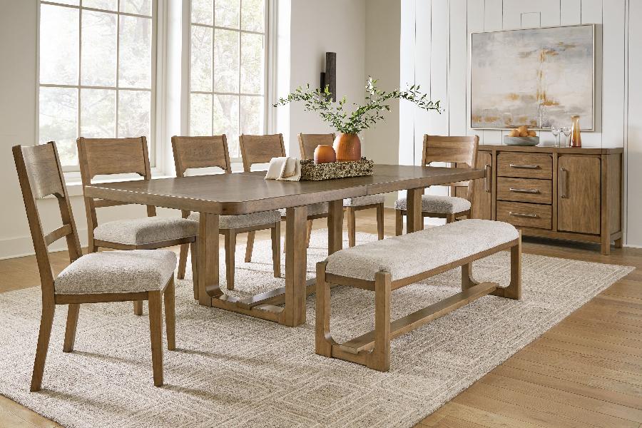 Image of Cabalynn - 9 Pc. - Dining Room Table, 6 Side Chairs, Bench, Server - Oatmeal / Light Brown