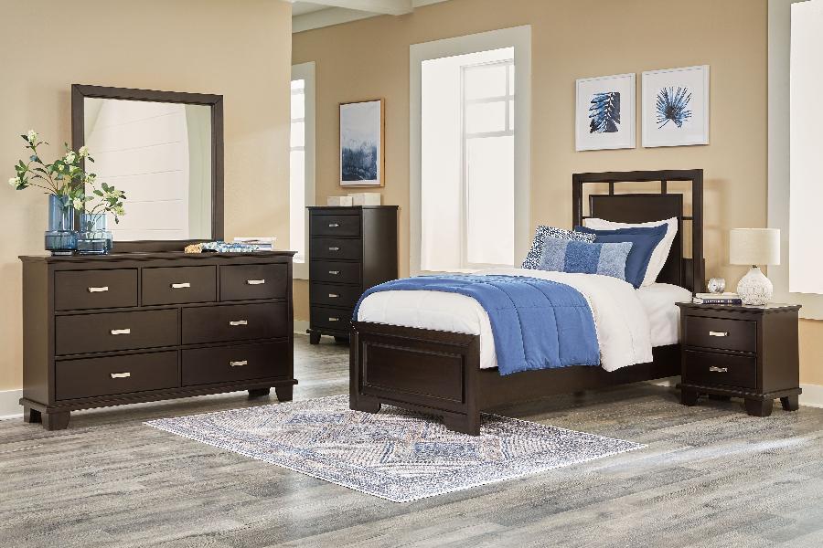 Image of Covetown - 7 Pc. - Dresser, Mirror, Chest, Twin Panel Bed, 2 Nightstands - Dark Brown