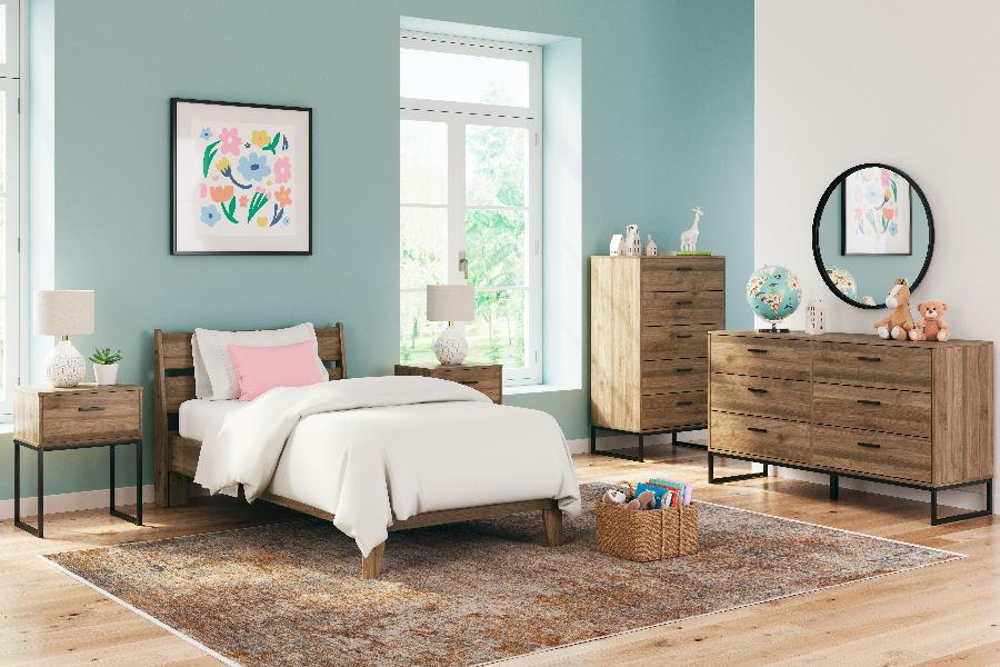 Image of Deanlow - 6 Pc. - Dresser, Chest, Twin Platform Panel Bed, 2 Nightstands - Honey