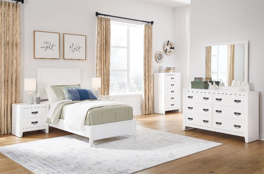 Image of Binterglen - 6 Pc. - Dresser, Mirror, Twin Panel Bed, 2 Nightstands - White