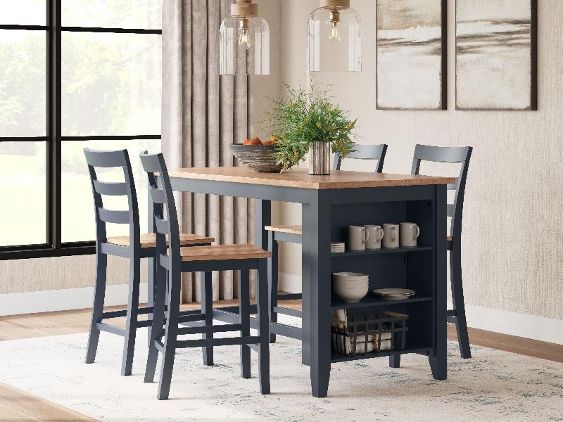 Image of Gesthaven - 5 Pc. - Rectangular Dining Room Counter Table, 4  Barstools - Natural / Blue