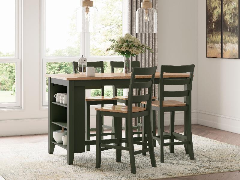 Image of Gesthaven - 5 Pc. - Rectangular Dining Room Counter Table, 4  Barstools - Natural / Green