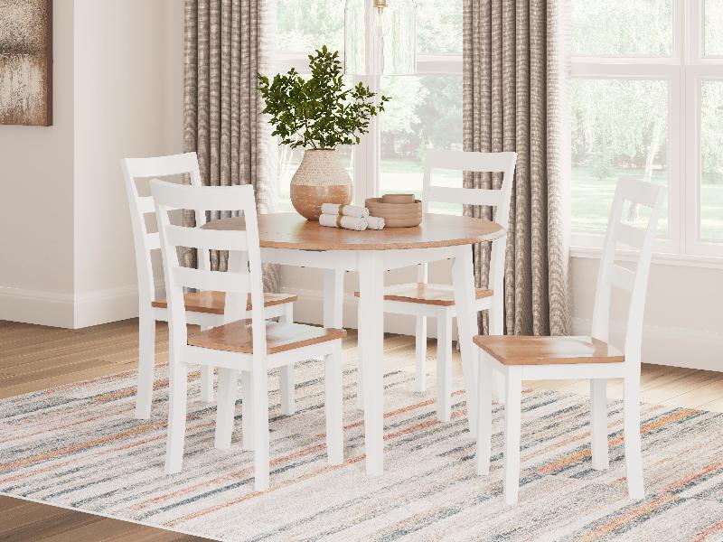 Image of Gesthaven - 5 Pc. - Round Dining Room Drop Leaf Table, 4 Side Chairs - Natural / White