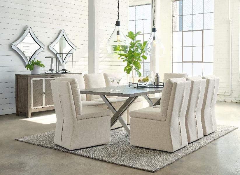 Image of Krystanza - 10 Pc. - Dining Room Table, 8 Oatmeal Side Chairs, Server - Weathered Gray