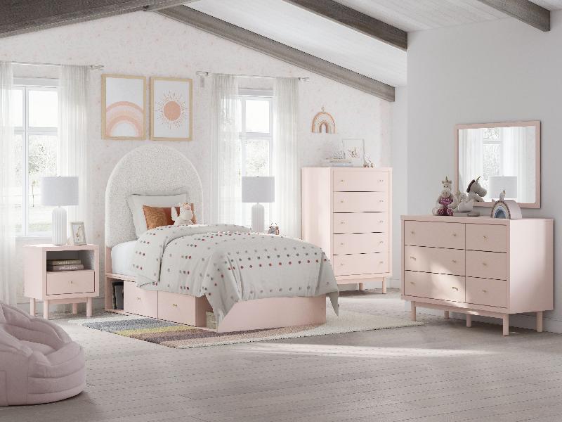 Image of Wistenpine - 6 Pc. - Dresser, Mirror, Twin Upholstered Panel Bed With Side Storage - Blush