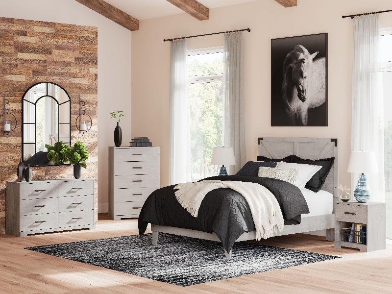Image of Shawburn - 6 Pc. - Dresser, Chest, Full Platform Bed With Crossbuck Panel Headboard, 2 Nightstands - Gray
