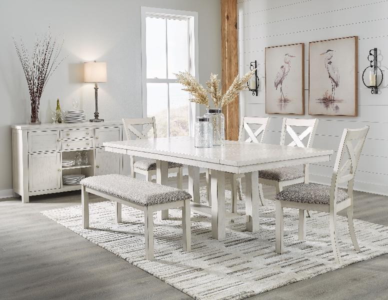 Image of Robbinsdale - 7 Pc. - Rectangular Dining Room Extension Table, 4 Upholstered Side Chairs, Bench, Server - Antique White
