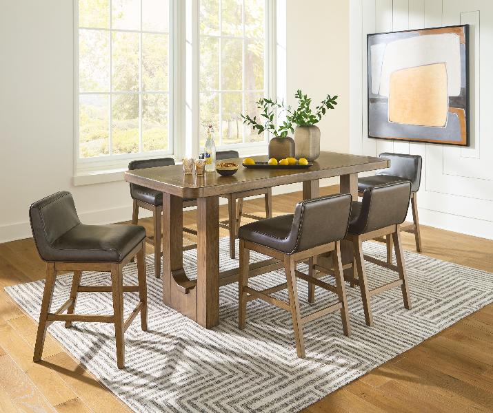 Image of Cabalynn - 7 Pc. - Rectangular Dining Room Counter Table, 6 Upholstered Barstools - Light Brown