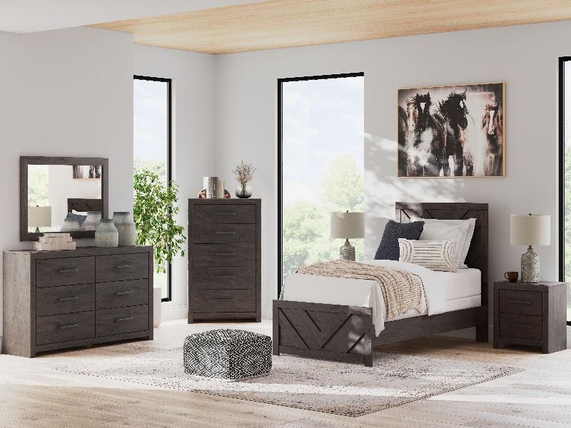 Image of Prendonea - 5 Pc. - Dresser, Mirror, Chest, Twin Panel Bed - Charcoal