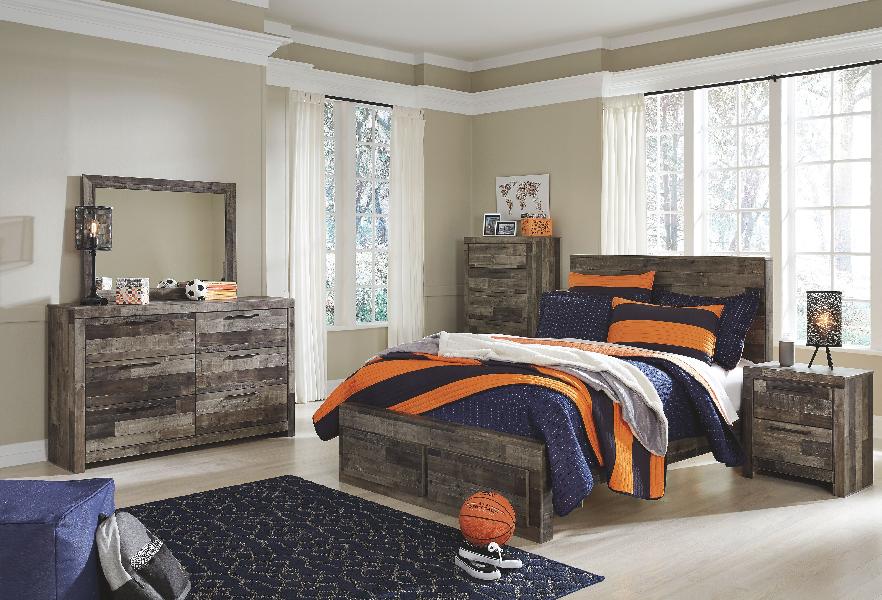Image of Derekson - 9 Pc. - Dresser, Mirror, Chest, Full Panel Bed with 2 Storage Drawers, 2 Nightstands - Multi Gray