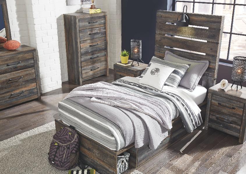 Image of Drystan - 8 Pc. - Dresser, Mirror, Twin Panel Bed with 2 Side Drawers, 2 Nightstands - Brown / Beige
