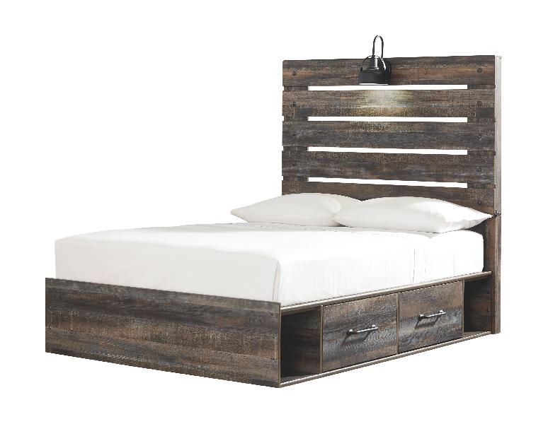 Image of Drystan - Full Panel Bed with 2 Side Drawers - Brown / Beige