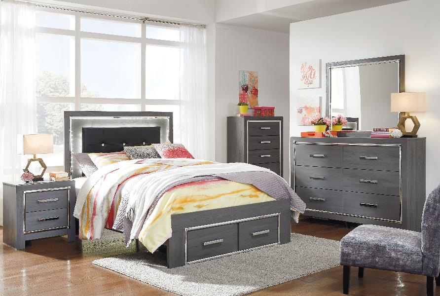 Image of Lodanna - 6 Pc. - Dresser, Mirror, Chest, Full Panel Bed with 2 Storage Drawers - Gray