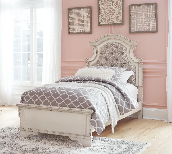 Image of Realyn - Twin Upholstered Panel Bed - Chipped White