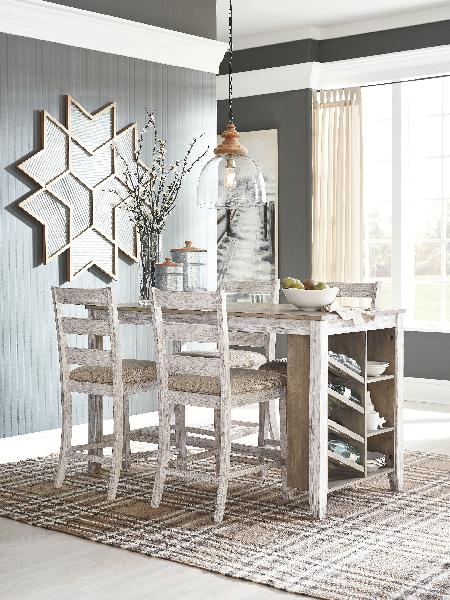 Image of Skempton - 5 Pc. - Counter Table, 4 Upholstered Barstools - White