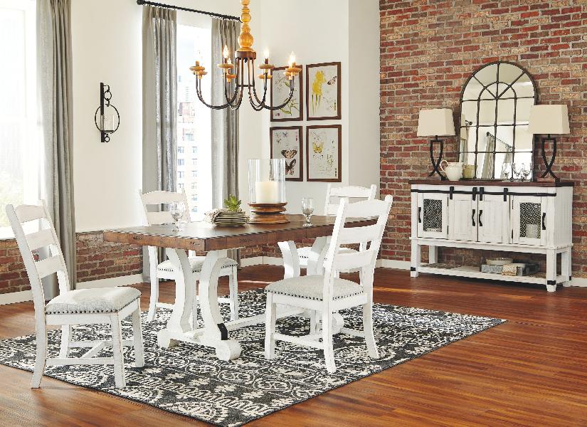 Image of Valebeck - 6 Pc. - Dining Room Table, 4 Side Chairs, Server - White / Brown