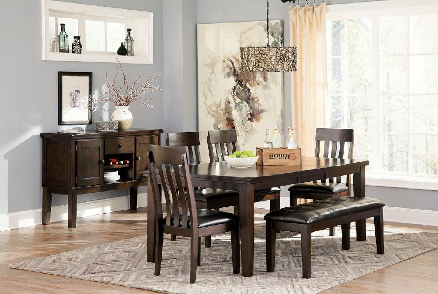 Image of Haddigan - 7 Pc. - Extension Table, 4 Side Chairs, Bench, Server - Dark Brown