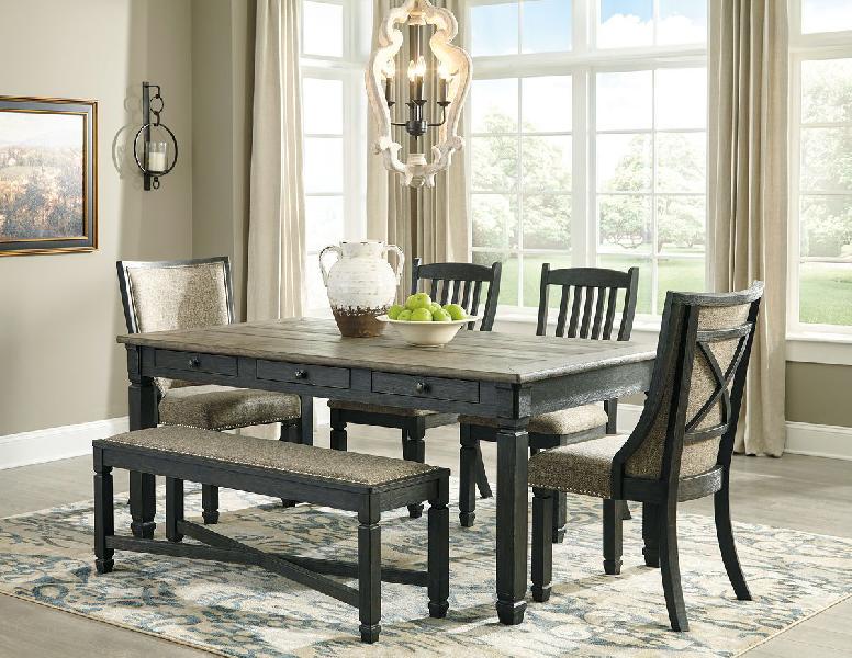 Image of Tyler Creek - 6 Pc. - Dining Room Table, 2 Side Chairs, 2 Upholstered Side Chairs, Bench - Dark Gray