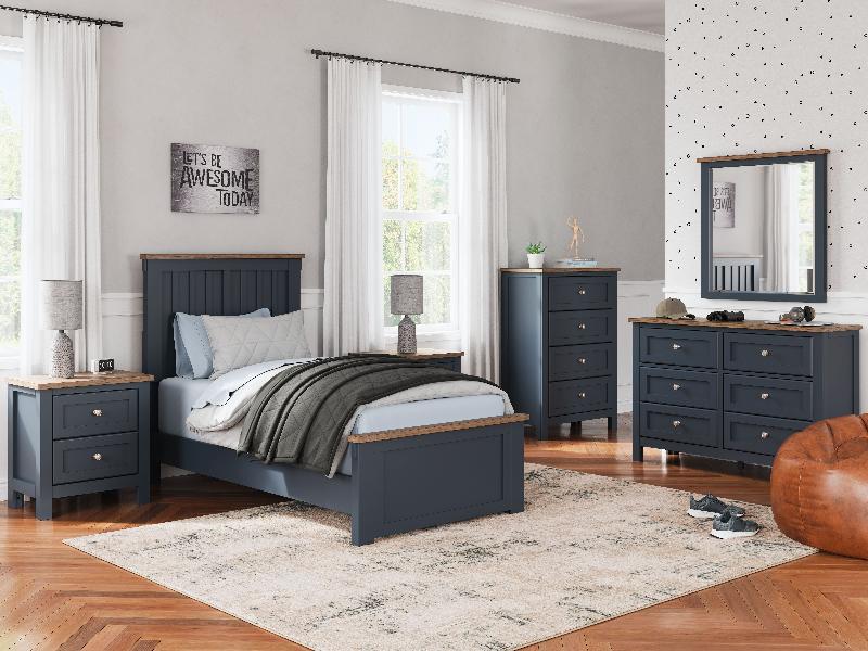 Image of Landocken - 7 Pc. - Dresser, Mirror, Twin Panel Bed, 2 Nightstands - Brown / Blue