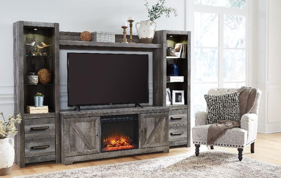 Image of Wynnlow - Entertainment Center - TV Stand With Glass/Stone Fireplace Insert - Gray