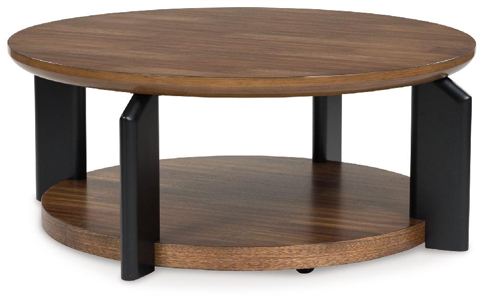 Image of Kraeburn - Round Cocktail Table - Brown / Black