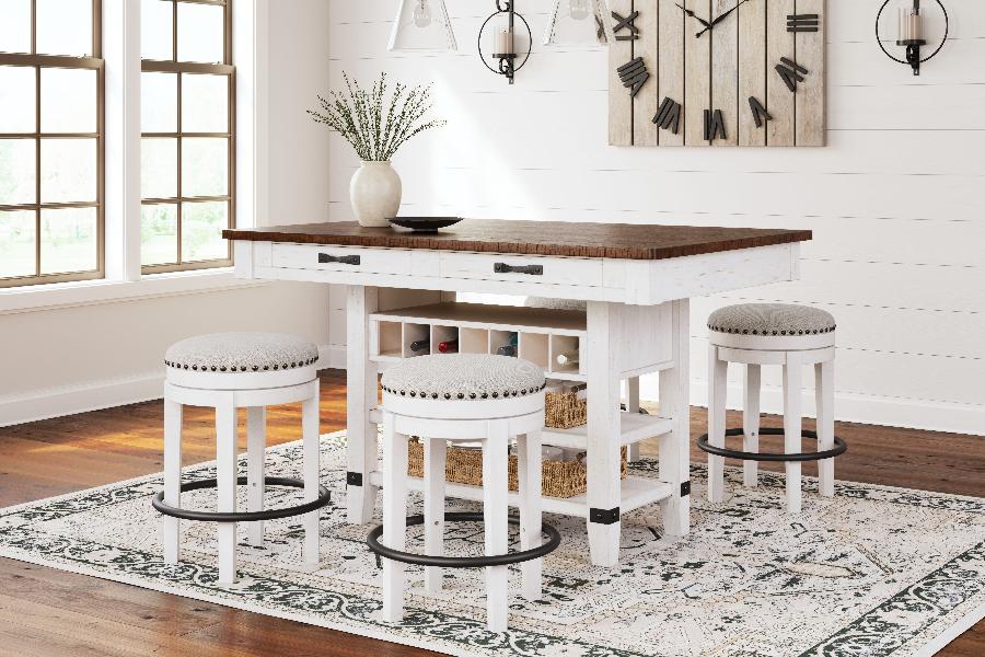 Image of Valebeck - 5 Pc. - Counter Table With Wine Rack, 4 Swivel Stools - White / Brown