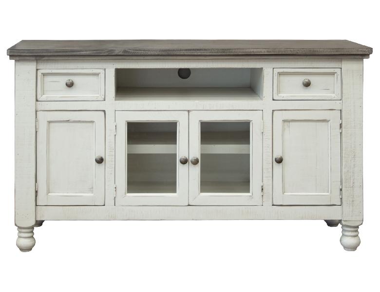 Image of Stone - 60” TV Stand With 2 Drawers / 4 Doors - Antiqued Ivory / Weathered Gray