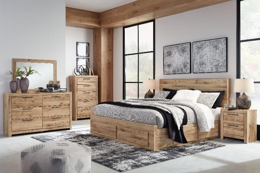Image of Hyanna - 8 Pc. - Dresser, Mirror, Chest, King Panel Bed with 6 Storage Drawers - Tan