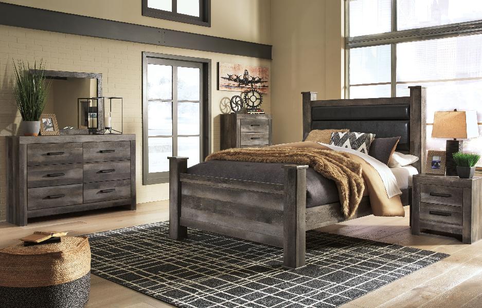 Image of Wynnlow - 6 Pc. - Dresser, Mirror, Queen Upholstered Poster Bed - Gray