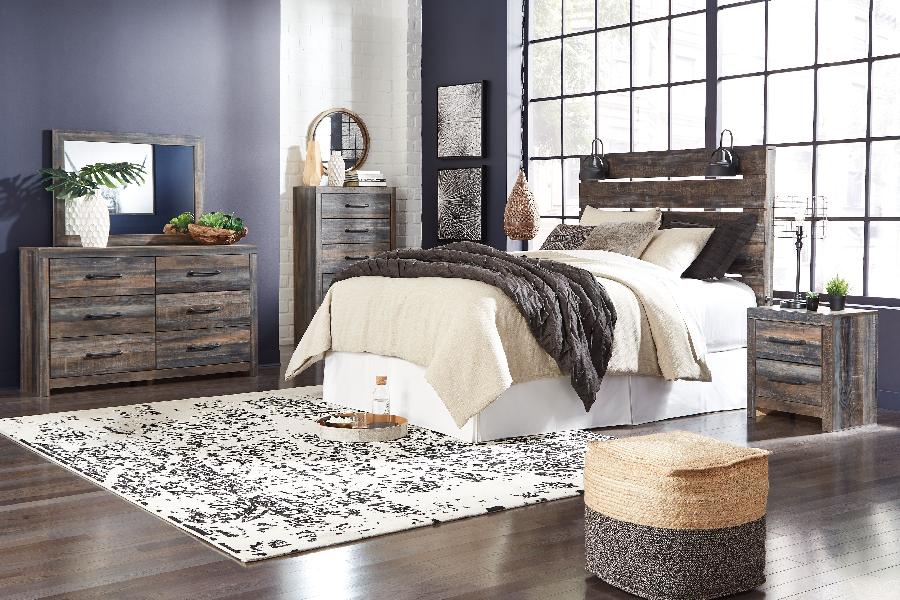 Image of Drystan - 6 Pc. - Dresser, Mirror, Chest, Queen Panel Headboard, Nightstand, Bed Frame - Dark Gray