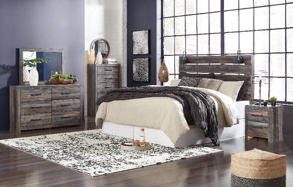 Image of Drystan - 6 Pc. - Dresser, Mirror, Chest, King Panel Headboard, Nightstand, Bed Frame - Dark Gray