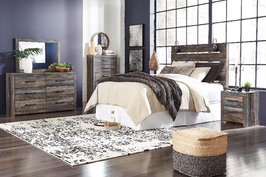 Image of Drystan - 5 Pc. - Dresser, Mirror, Chest, Queen Panel Headboard, Nightstand - Brown / Beige
