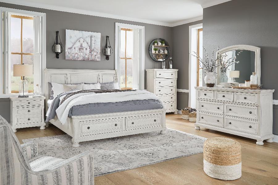 Image of Robbinsdale - 8 Pc. - Dresser, Mirror, Chest, King Sleigh Bed with 2 Storage Drawers, 2 Nightstands - Antique White
