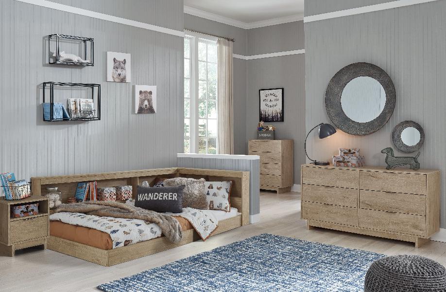 Image of Oliah - 3 Pc. - Dresser, Twin Bookcase Storage Bed - Natural