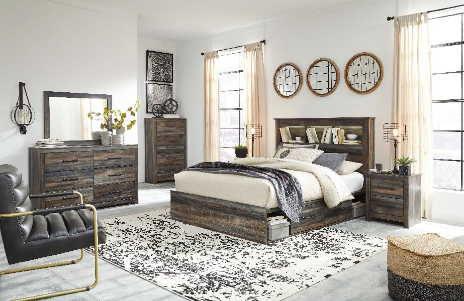 Image of Drystan - 7 Pc. - Dresser, Mirror, King Bookcase Bed With 4 Storage Drawers - Brown / Beige