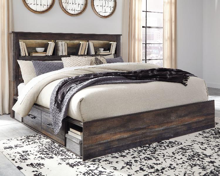 Image of Drystan - King Bookcase Bed With 4 Storage Drawers - Brown / Beige
