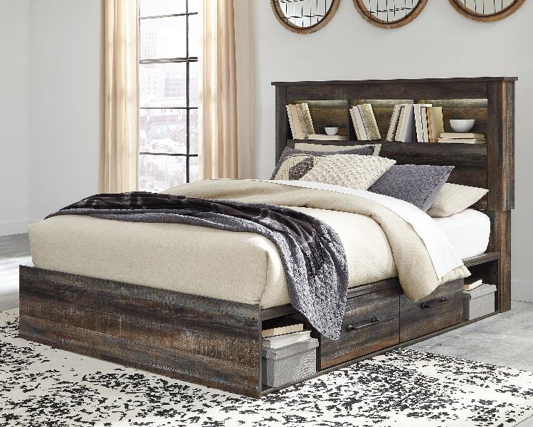 Image of Drystan - Queen Bookcase Bed with 4 Side Drawers - Brown / Beige