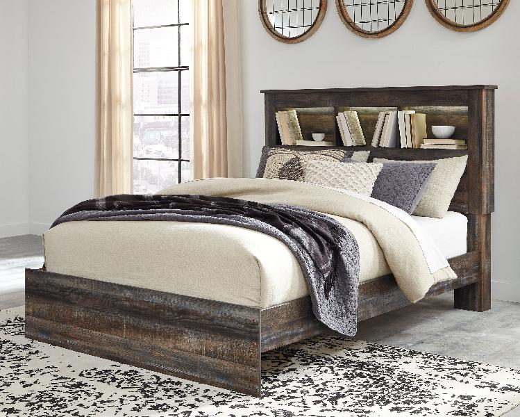 Image of Drystan - Queen Panel Bookcase Bed - Brown / Beige
