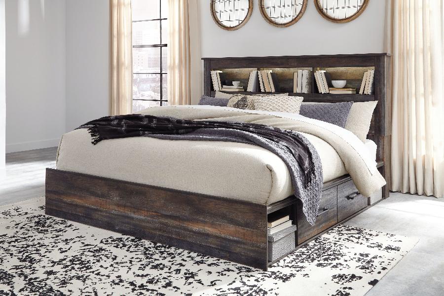 Image of Drystan - King Bookcase Bed with 2 Side Drawers - Brown / Beige