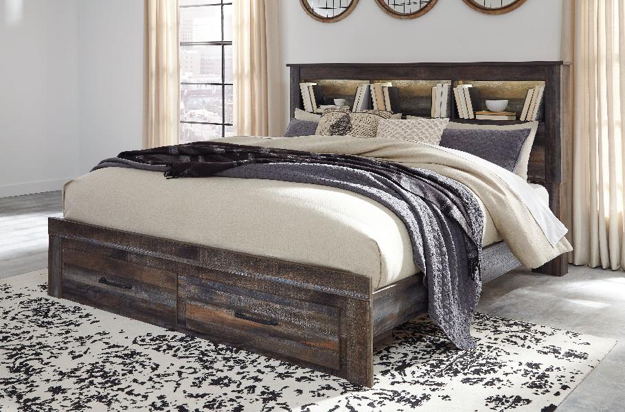 Image of Drystan - King Bookcase Bed with 2 Storage Drawers - Brown / Beige