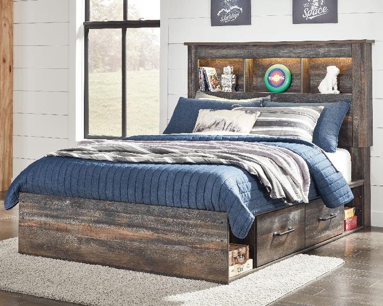 Image of Drystan - Full Bookcase Bed with 2 Side Drawers - Brown / Beige