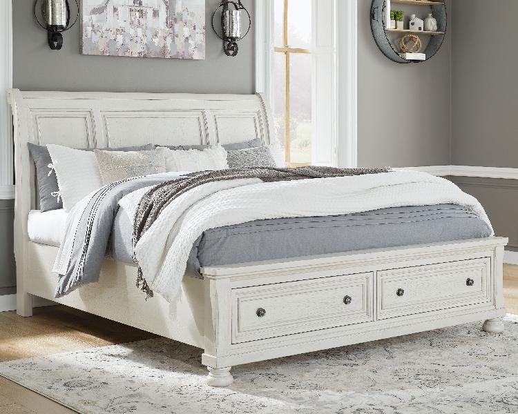 Image of Robbinsdale - Queen Sleigh Bed with 2 Storage Drawers - Antique White