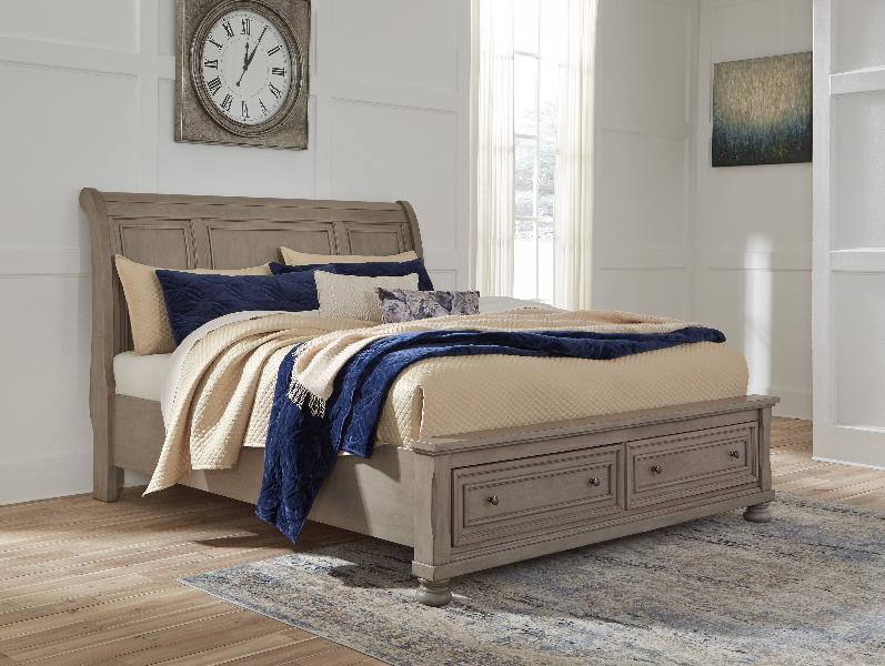 Image of Lettner - King Sleigh Bed with 2 Storage Drawers - Light Gray