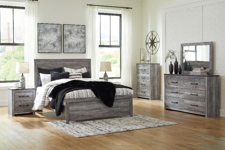 Image of Bronyan - Queen Panel Bed - 6 Pc. - Dresser, Mirror, King Bed, 2 Nightstands - Dark Gray
