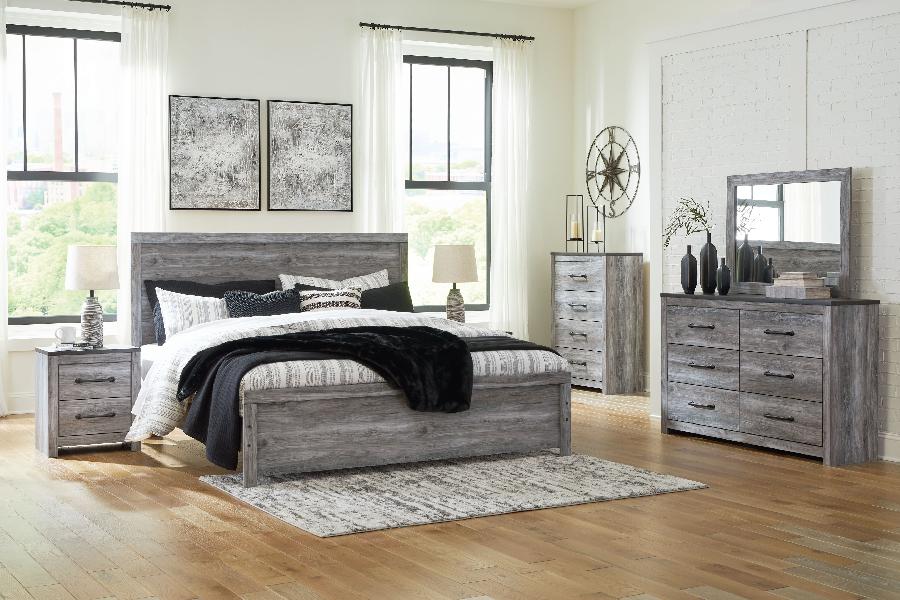 Image of Bronyan - King Panel Bed - 4 Pc. - Dresser, Mirror, King Bed - Dark Gray