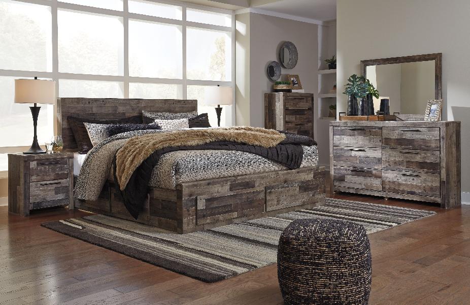 Image of Derekson - King Panel Bed With 4 Storage Drawers - 9 Pc. - Dresser, Mirror, King Bed, 2 Nightstands - Multi Gray