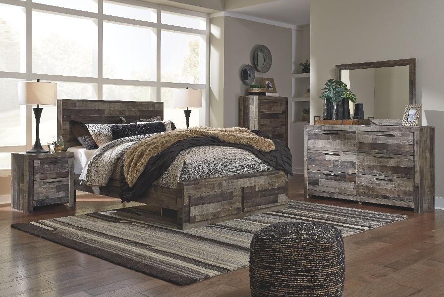 Image of Derekson - 7 Pc. - Dresser, Mirror, Chest, Queen Panel Bed with 2 Storage Drawers - Multi Gray